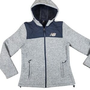 New Balance Women Hooded Full Zip Fleece Jacket Medium Gray Chevron Sherpa Lined